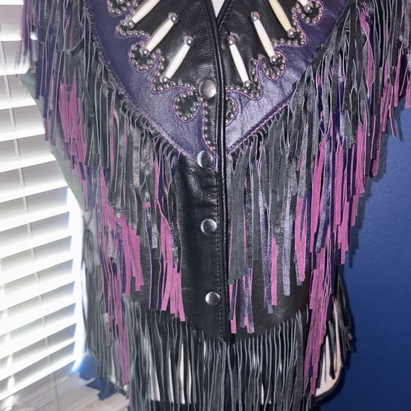 🟣 Western Wear by Shaf Leather Vest – Purple & Black Fringe, Bone & Silver Stud - Picture 13 of 14